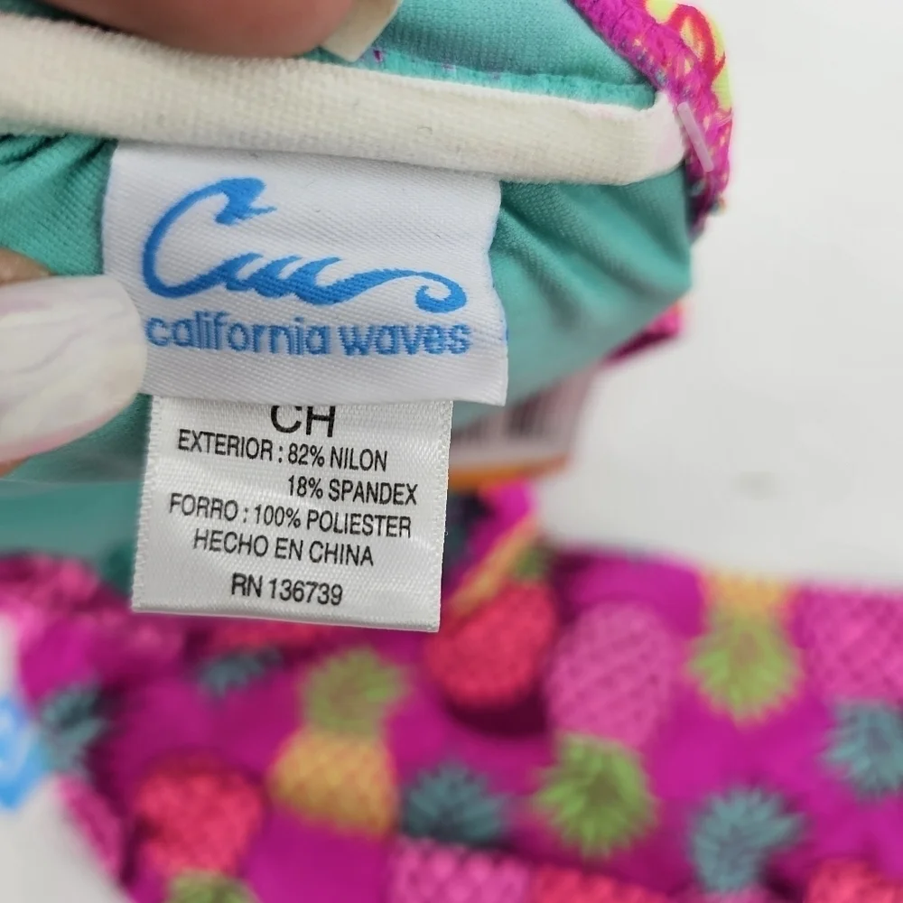 California Waves pink pineapple bandeau bikini women's size small
